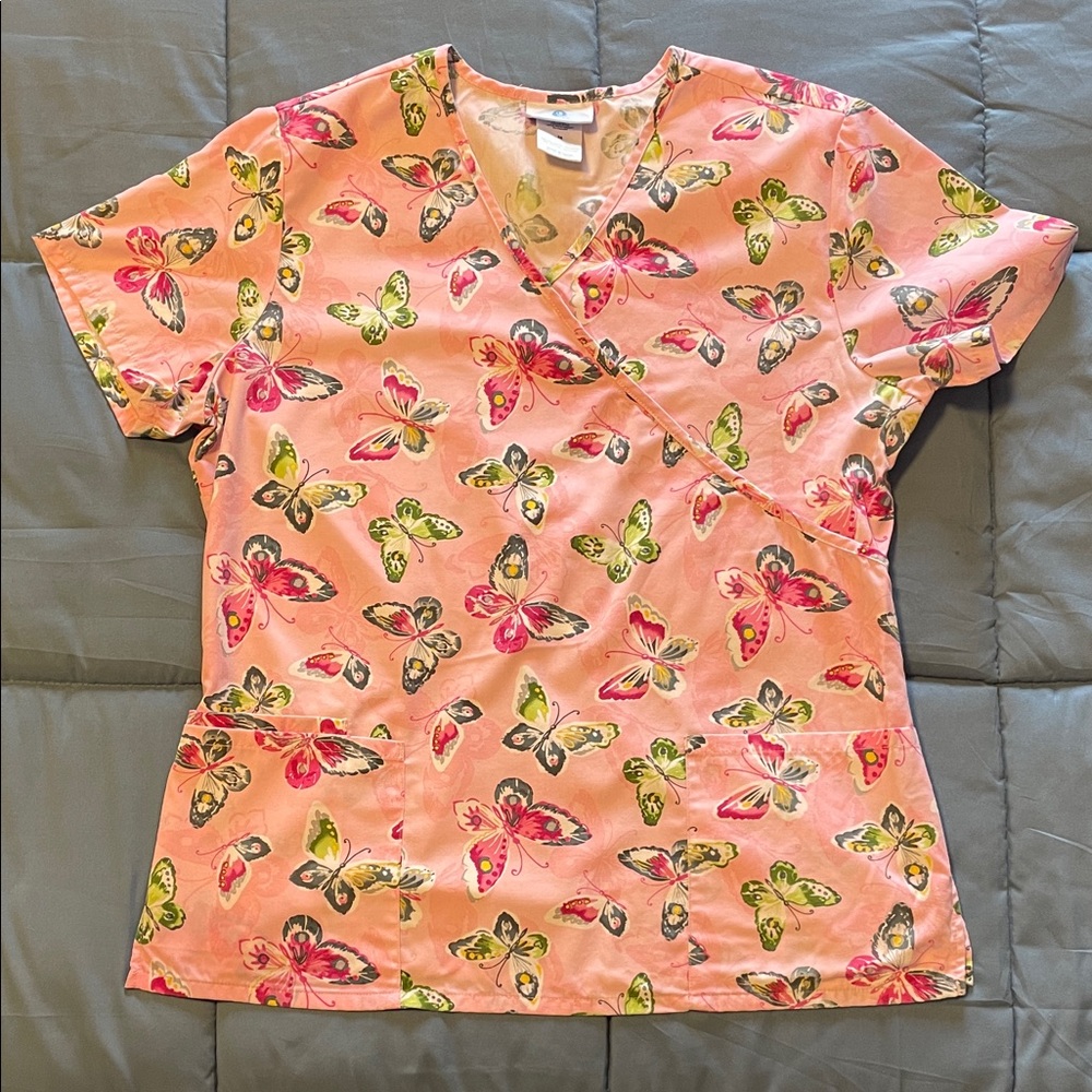SB Scrubs Pink Butterfly Print Women’s Scrub Top